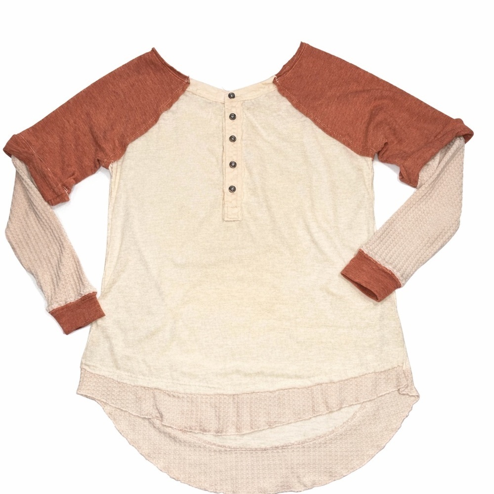 Gilded Intent Colorblock Waffle Knit Henley Top Size Small Cream Rust Raglan - Picture 2 of 8
